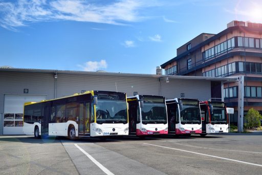 Die vier Citaro Varianten der vier KMN-Kooperationspartner: Mit Ende der Sommerferien in NRW startet die neue Flotte in den Städten Viersen (linker Citaro), Geilenkirchen (rechter Citaro) und Mönchengladbach (Bildmitte).