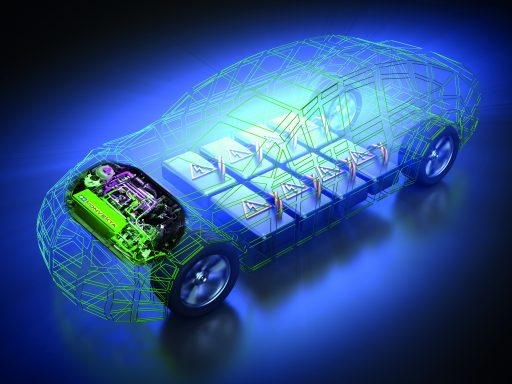 fahrendes Elektroauto mit Blick auf den Akku
